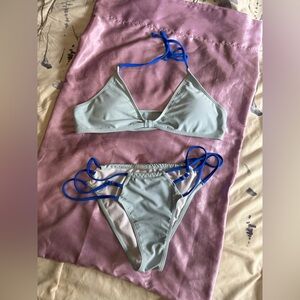 Classic Triangle Bikini Set in Light Sage with Blue Straps